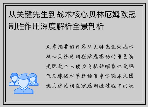 从关键先生到战术核心贝林厄姆欧冠制胜作用深度解析全景剖析