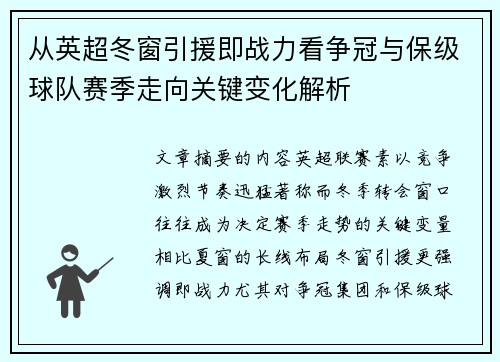 从英超冬窗引援即战力看争冠与保级球队赛季走向关键变化解析